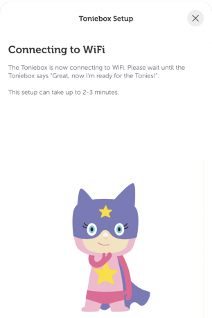 Wi-Fi'a bağlanan bir çizgi film karakteri toniebox kurulumunun ekran görüntüsü